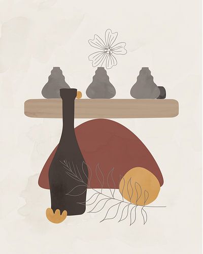 Stilleven van een fles en drie grijze vazen