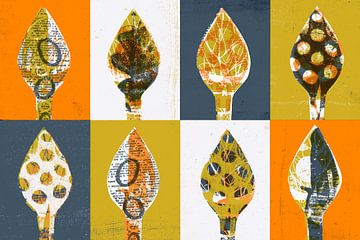 Gelaagde Bomen - digitale collage blauw oranje oker van Aribombari - Ariane Nijssen