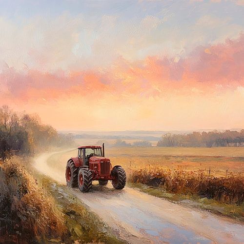 Rode tractor in de zonsondergang
