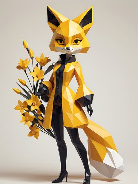 Low poly floral fox girl, black and yellow by 1xMerch