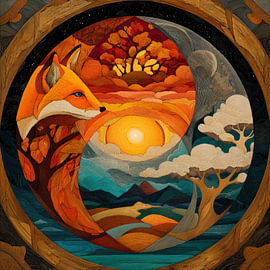 Renard dans un cercle yin-yang avec un coucher de soleil et des arbres sur TheXclusive Art