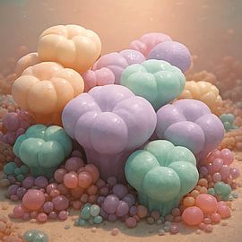 Pastellfarbene Blütenlandschaft in einem verträumten Bubble Garden von Isabelle Vogelaar