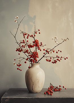 Vase mit Beeren, dunkelbeige und rot. von Danny van Eldik - Perfect Pixel Design