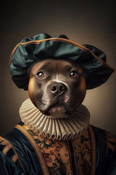 Renaissance staffordshire bull terrier dog portrait by Ellen Van Loon
