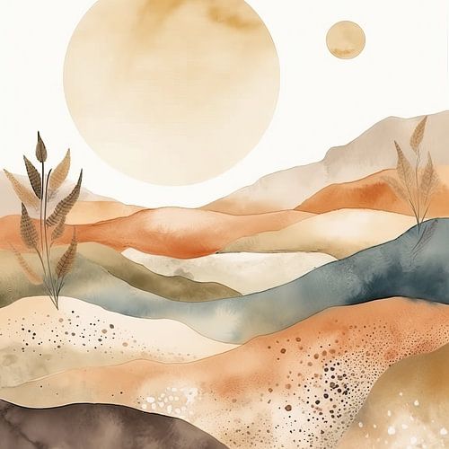 Warm Gekleurd Heuvelachtig Landschap Schilderij - Zon Kunstwerk