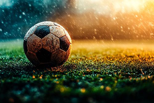 Voetbal op grasveld in regen