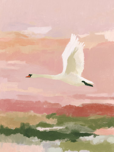 Fliegender Schwan über rosa Landschaft – Pastell-Vogelbild