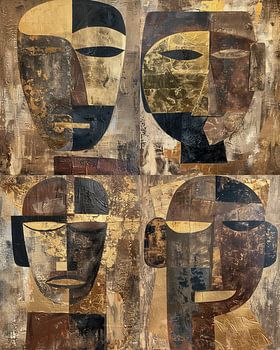 Vierluik Abstract Tribal Masks in Goud en Aardse Tinten