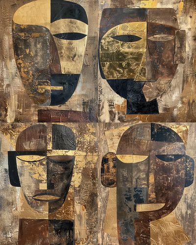 Vierfache abstrakte Tribal-Masken in Gold- und Erdtönen