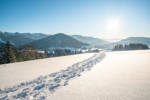 Zonsondergang met uitzicht op Oberstaufen, Staufen, Säntis en de Hochgrat