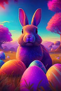 Osterhase mit bunten Ostereiern im Gras mit Birkenbäumen