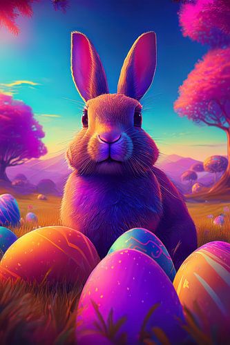 Paashaas met kleurrijke paaseieren in het gras met berkenbomen