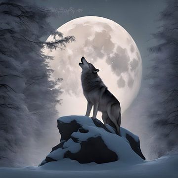 Winterse Serenades: Huilende Wolf onder de Volle Maan van DesignByDessie