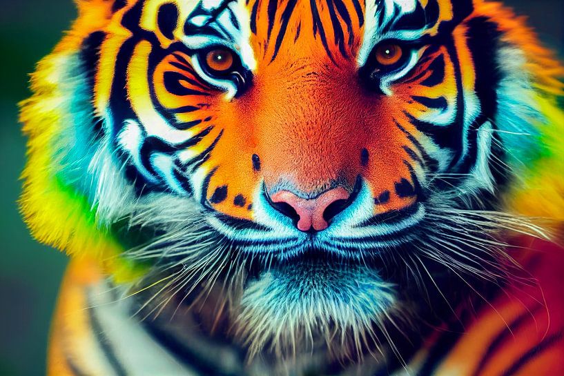 Portrait d'une tête de tigre multicolore, Generative AI Art Illustration 03 par Animaflora PicsStock