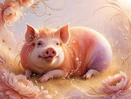 ✨ "Golden Happiness - Ätherisches Schwein in Blumenblüte" ✨ von Manuela Dekkers