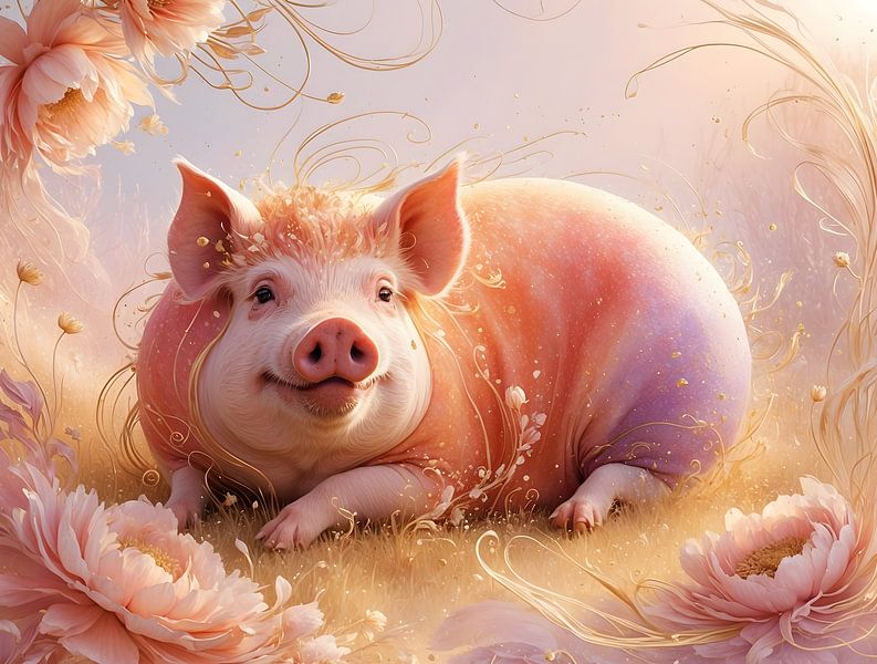 ✨ &quot;Golden Happiness - Ethereal Pig in Floral Bloom&amp;quot ; ✨ par Manuela Dekkers