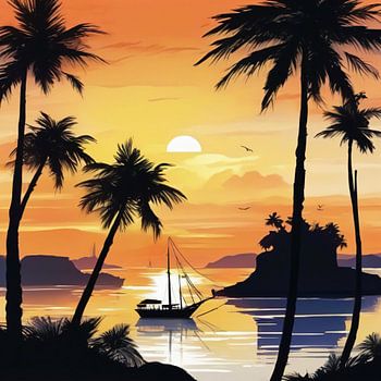 A picturesque bay with palm trees at sunset