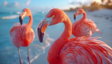Flamingo's op het strand panorama van TheXclusive Art