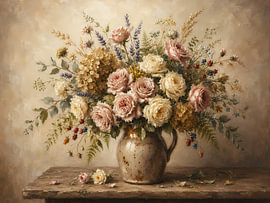 Vintage-Blumenstrauß in rustikaler Vase, elegante Wanddekoration in neutralen Rosatönen | Cottagecore Botanical von haroulita