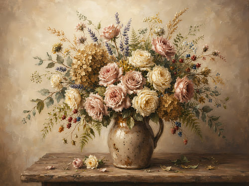 Vintage-Blumenstrauß in rustikaler Vase, elegante Wanddekoration in neutralen Rosatönen | Cottagecore Botanical von haroulita