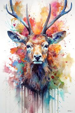 abstract colour watercolour of a deer. by Gelissen Artworks