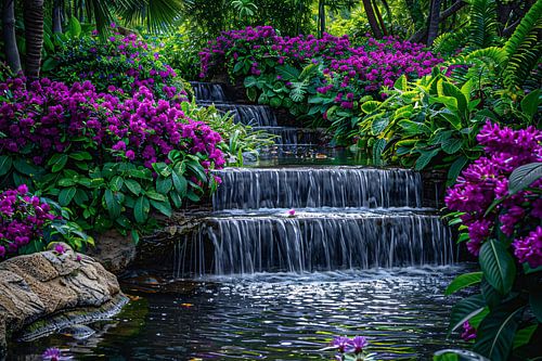 Enchanted garden with colorful flowers and cascading waterfall