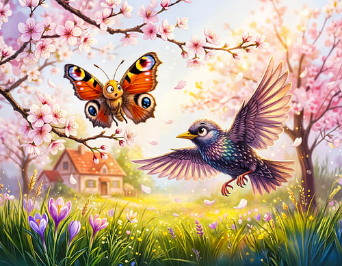 Butterfly Frightened by Bird in Cherry Blossom