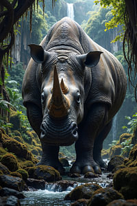 Fantasy Art Wandbild: RHAVENOR - Ein Nashorn im dichten Dschungel