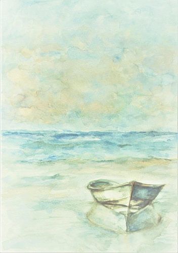 Bateau à rames sur la plage (aquarelle)