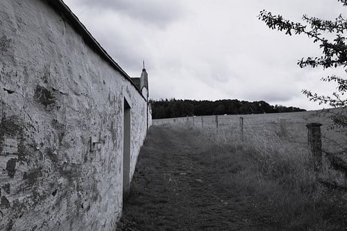 Zwart-wit beeld van verweerde muur in idyllisch landelijk landschap