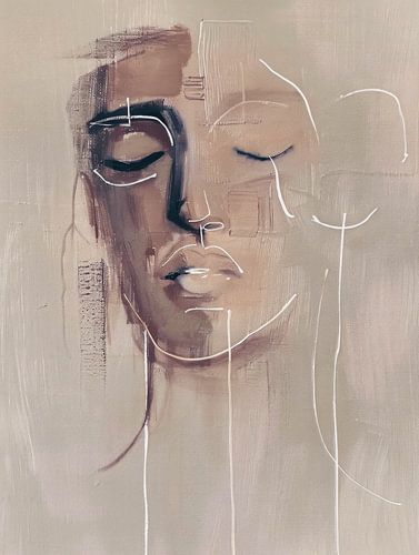 Modern abstract portret in roze tegen een lichte achtergrond.