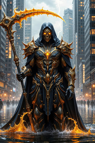Dark Fantasy Wall Art & Poster: ZYNTHEK – The Futuristic Grim Reaper in the Metropolis