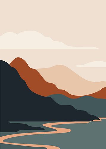 Paysage minimaliste en vecteur plat représentant des rivières sinueuses qui serpentent à travers des vallées montagneuses sereines et en paliers