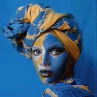 Intrigante femme au visage bleu et jaune et au turban