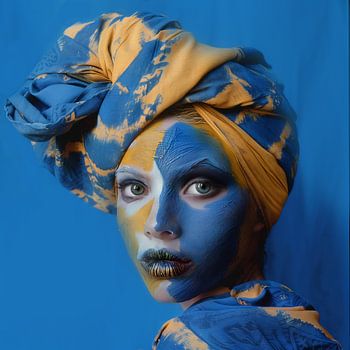 Intrigante femme au visage bleu et jaune et au turban