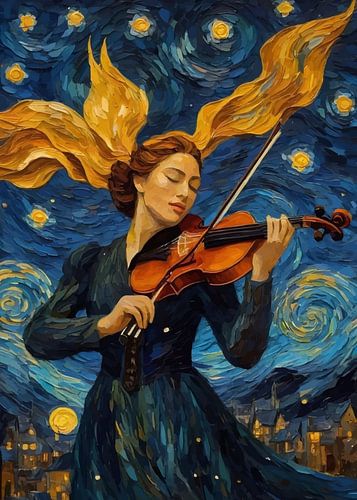 Vrouw speelt viool in sterrennacht