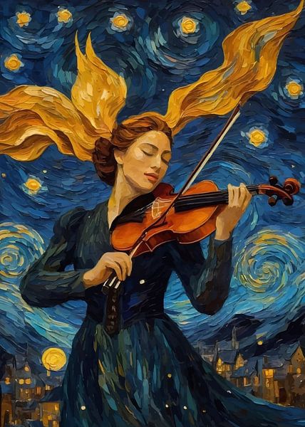 Femme jouant du violon dans une nuit étoilée par MIROKKU