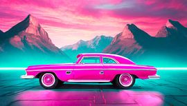 Roze auto in het landschap
