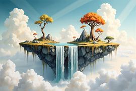 Floating island waterfall cascading from sky land by Markus Gann