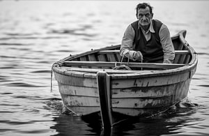 Ein Schwarz-Weiß-Foto eines Mannes in einem Boot auf dem See