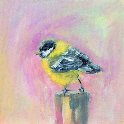 Fluffy baby great tit in the garden – acrylic painting by Karen Kaspar