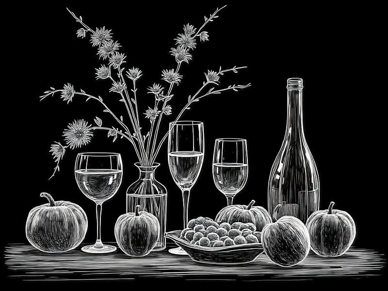 Stilleben mit Gläsern und einer Flasche in Schwarz und Weiß von The Photo Artist