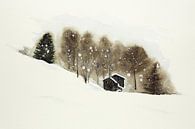 Skipiste met houten cabines (aquarel schilderij landschap winter skiën sneeuw bergen Zwitserland) van Natalie Bruns thumbnail