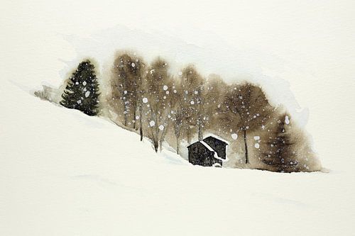 Ski slope with wooden cabins (watercolor painting landscape winter skiing snow mountains Switzerland