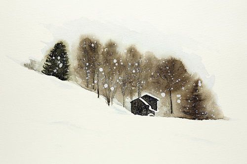 Skipiste met houten cabines (aquarel schilderij landschap winter skiën sneeuw bergen Zwitserland)