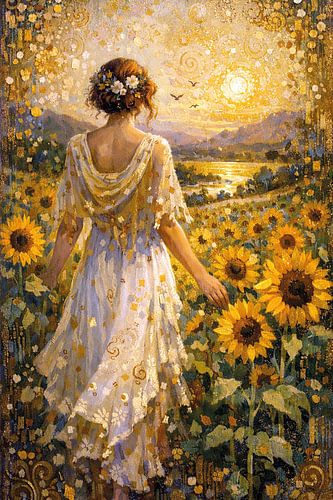 Vrouw lopend door de zonnebloemen schilderij