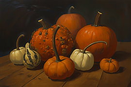 Klassisches Stillleben mit Kürbissen in warmen Herbstfarben. von STUDIO ARTSY