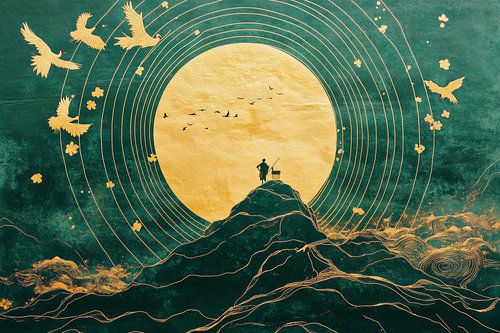 Groene bergen met gouden licht en eenzame reiziger