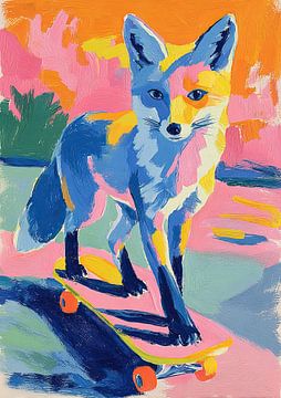 Abstracte blauwe vos op skateboard