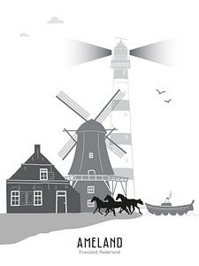 Skyline Illustration Watteninsel Ameland schwarz und weiß grau von Mevrouw Emmer